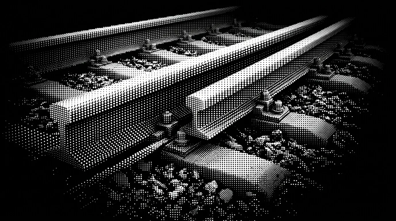 Stippled railroad tracks on black — keeping agents on rails
